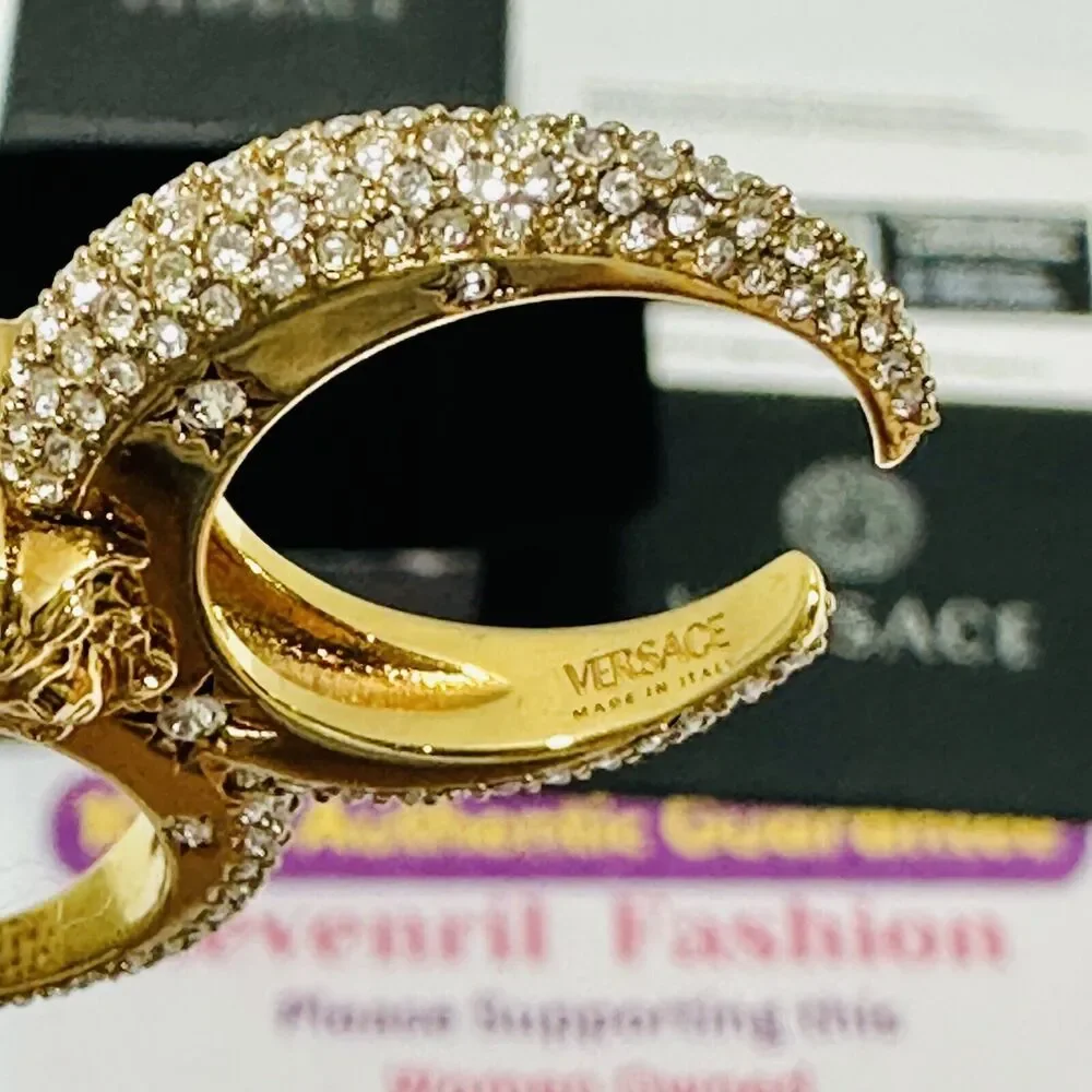 Versace Galaxy Medusa Crystal Engraved Cuff Double Ring Gold Tone Sz M NWT $525